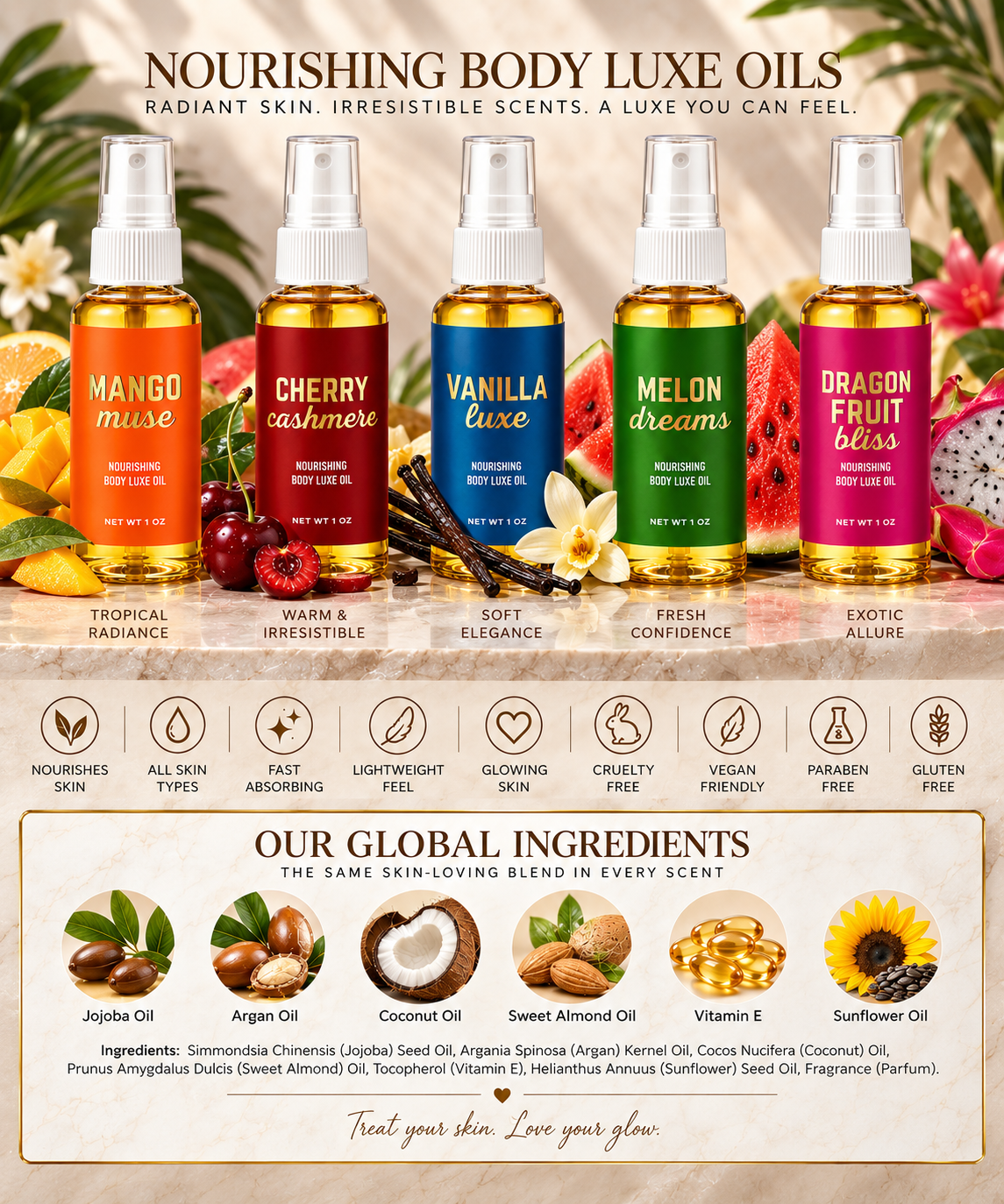 MAELUXE Travel Size Body Oil – 1 oz Moisturizing Body Oil for Glowing Skin | 5 Scents